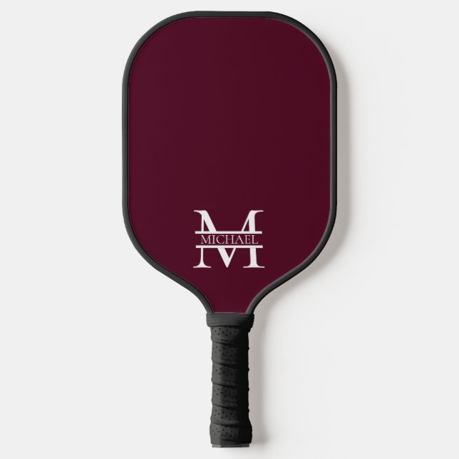 Raquette De Pickleball Monogramme et nom Elegant Bourgogne Personnalisé (Recto)