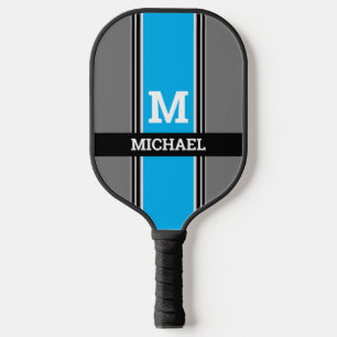 Raquette De Pickleball Monogramme et nom en gras ciel gris et noir rayure