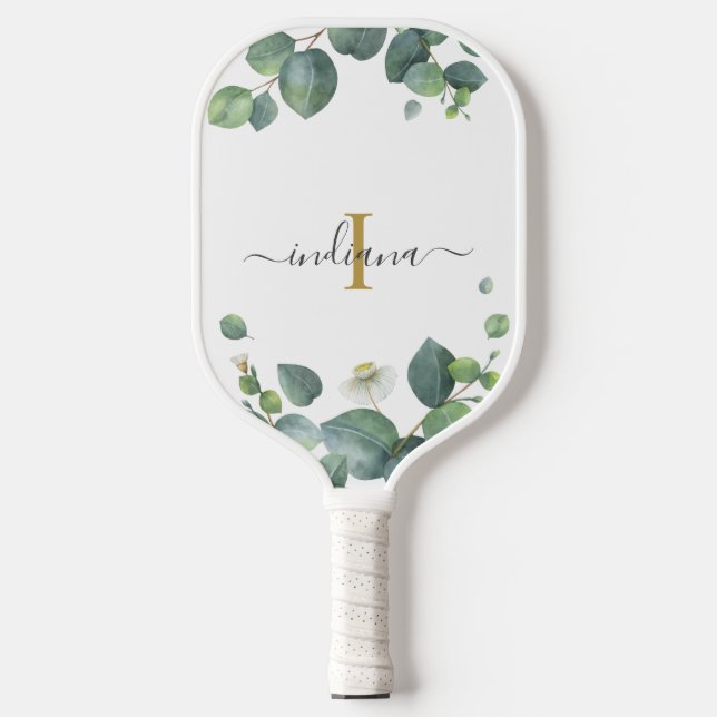 Raquette De Pickleball Monogramme Eucalyptus Initial Botanique Nom (Recto)