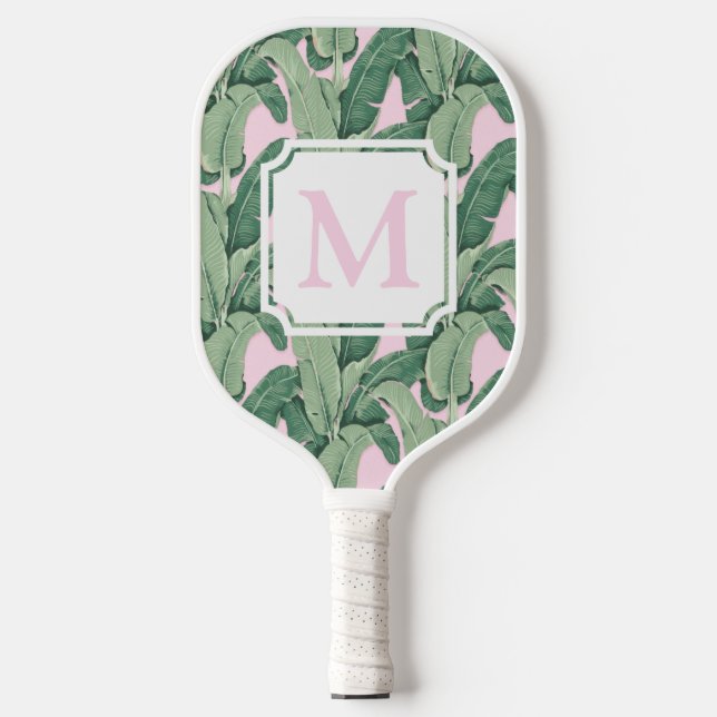 Raquette De Pickleball Monogramme Feuille de banane tropicale | Tracées (Recto)