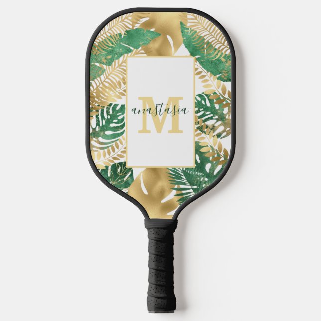 Raquette De Pickleball Monogramme Feuille Tropical Vert Or Moderne (Recto)