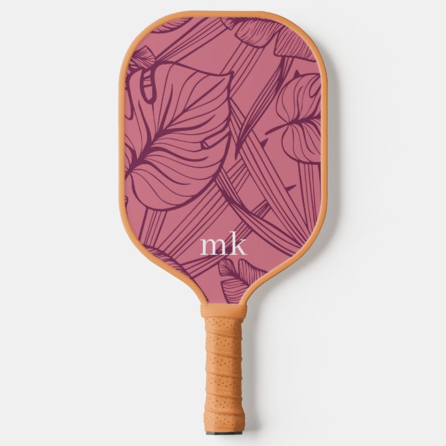 Raquette De Pickleball Monogramme Feuille tropicaux rose (Recto)
