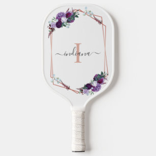 Raquette De Pickleball Monogramme Fleur Rose Violet Or Géométrique Nom