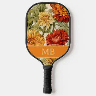 Raquette De Pickleball Monogramme Fleurs Orange Jaune Rétro Vintage 