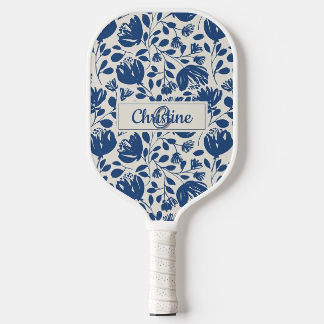 Raquette De Pickleball Monogramme floral bleu marine, Conception moderne  (Recto)