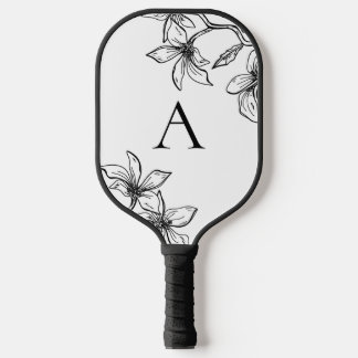 Raquette De Pickleball Monogramme floral noir et blanc moderne