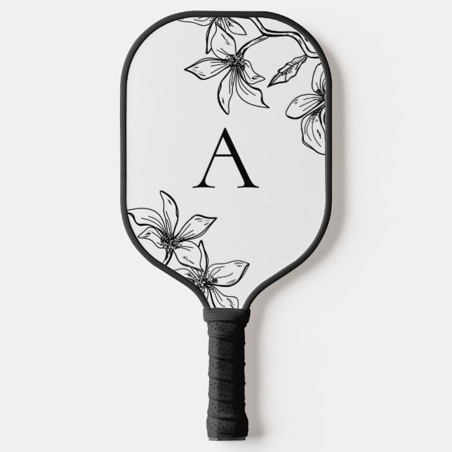 Raquette De Pickleball Monogramme floral noir et blanc moderne (Recto)