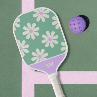 Raquette De Pickleball Monogramme floral rétro unique vert & lavande