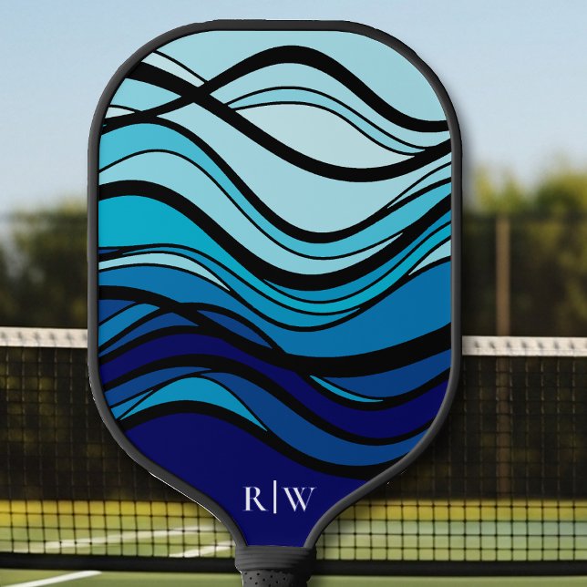 Raquette De Pickleball Monogramme géométrique bleu ondulé (Créateur téléchargé)