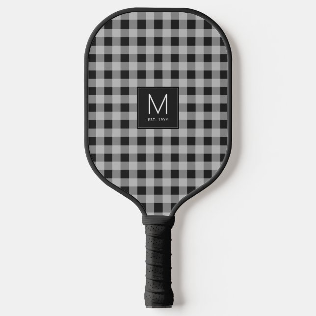 Raquette De Pickleball Monogramme Gingham Noir & Blanc Moderne Établie (Recto)