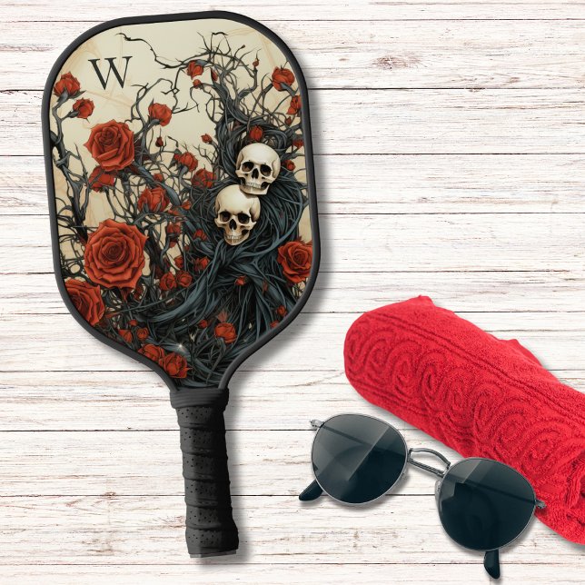 Raquette De Pickleball Monogramme gothique des roses rouges et des crânes (Créateur téléchargé)