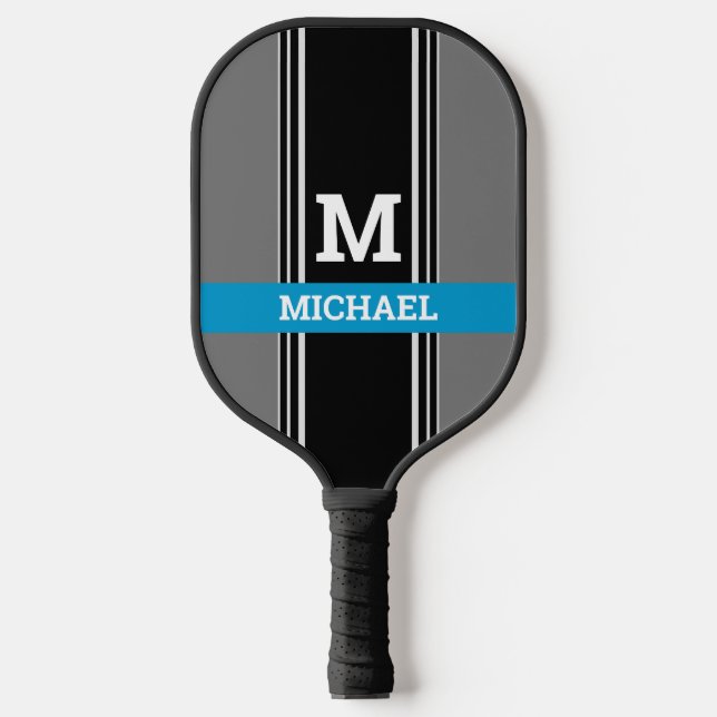 Raquette De Pickleball Monogramme Gras/Nom, Gris Gris Bleu Ciel Profond (Recto)