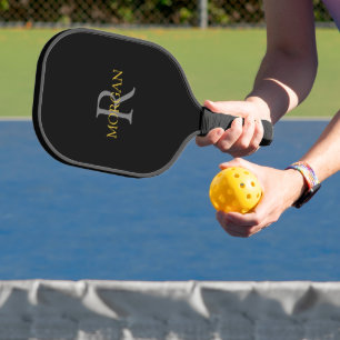Raquette De Pickleball Monogramme gris et nom en or sur fond noir
