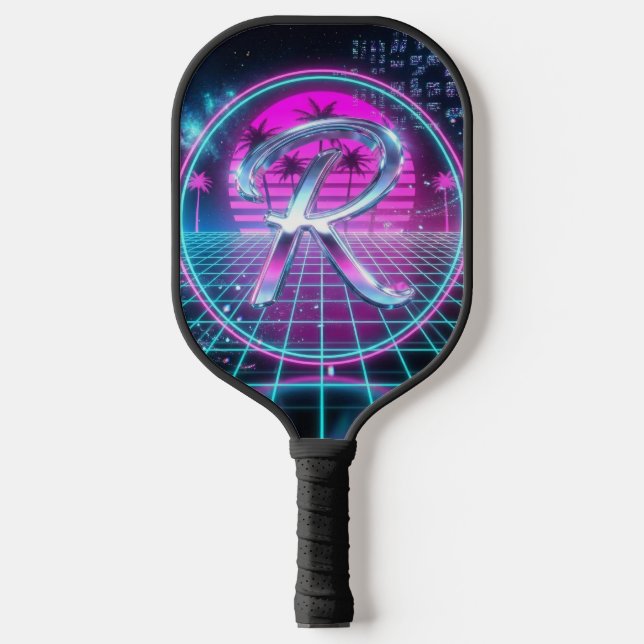 Raquette De Pickleball Monogramme Initial Chrome Néon Rétro Luxe  (Recto)