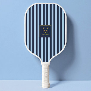 Raquette De Pickleball Monogramme Initial Doré Moderne Rayé Bleu Élégant