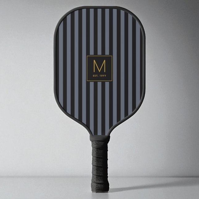 Raquette De Pickleball Monogramme Initial Doré Moderne Rayé Noir Élégant (Cool Black Striped Modern Gold Initial Monogram Pickleball Paddle)