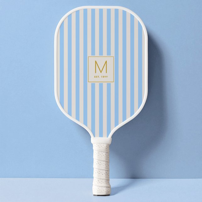 Raquette De Pickleball Monogramme Initial Doré Simple avec Rayures Bleues (Modern Blue Stripes Simple Gold Initial Monogram Pickleball Paddle)