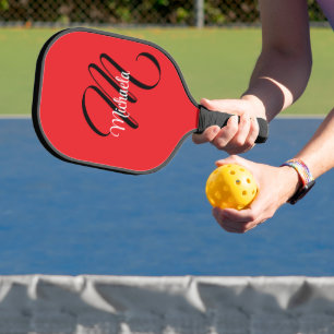 Raquette De Pickleball Monogramme initial nom moderne minimaliste rouge