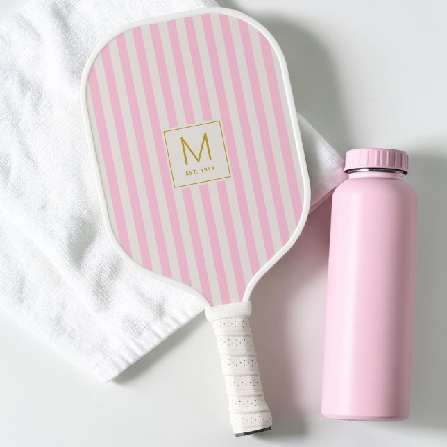 Raquette De Pickleball Monogramme Initiale Simple en Or avec Rayures Rose (Preppy Pink Stripes Simple Gold Initial Monogram Pickleball Paddle)
