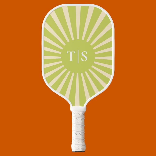 Raquette De Pickleball Monogramme Initiales Soleil Éclaté Vert Rétro (Retro Green Sunburst Monogram Initials Pickleball Paddle
)
