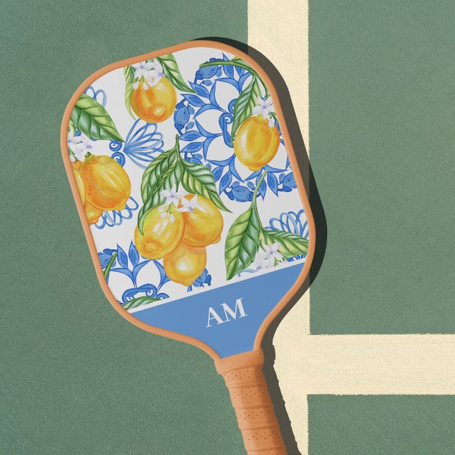 Raquette De Pickleball Monogramme Italien Citron Bleu Carreaux Motif (Mediterranean Italian Ceramic Art Lemons Pattern Monogram Pickleball Paddle)