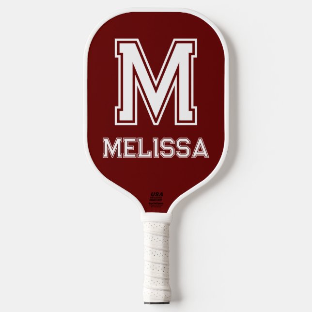 Raquette De Pickleball Monogramme moderne blanc et bordeaux (Recto)