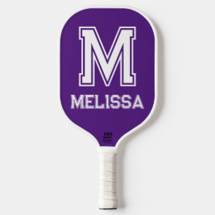 Raquette De Pickleball Monogramme moderne blanc et royal violet minimalis