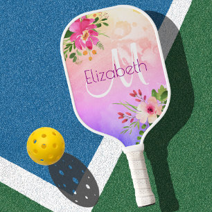 Raquette De Pickleball Monogramme Moderne Chic Floral Aquarelle Rose Viol