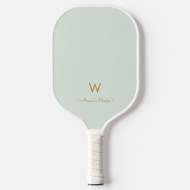 Raquette De Pickleball Monogramme Moderne de Style Script Or Vert Sauge (Recto)