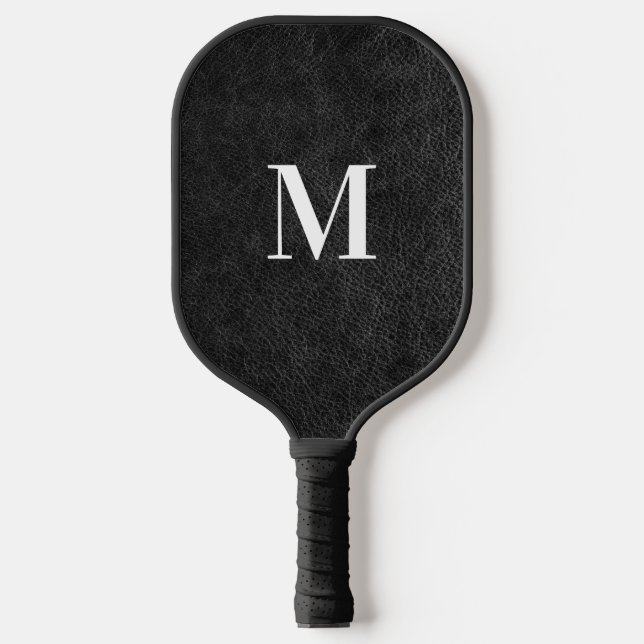 Raquette De Pickleball Monogramme moderne en cuir noir Faux (Recto)