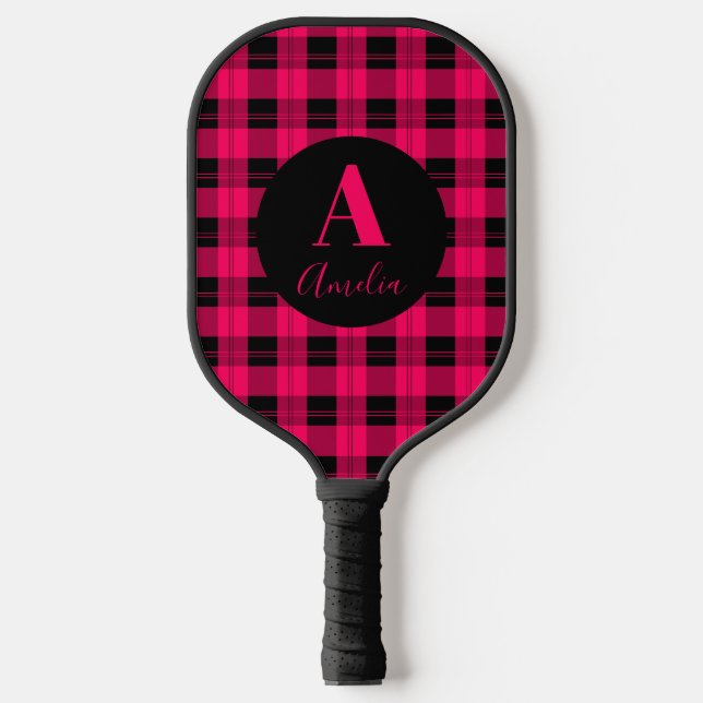 Raquette De Pickleball Monogramme moderne Plaid Hot Pink Noir (Recto)