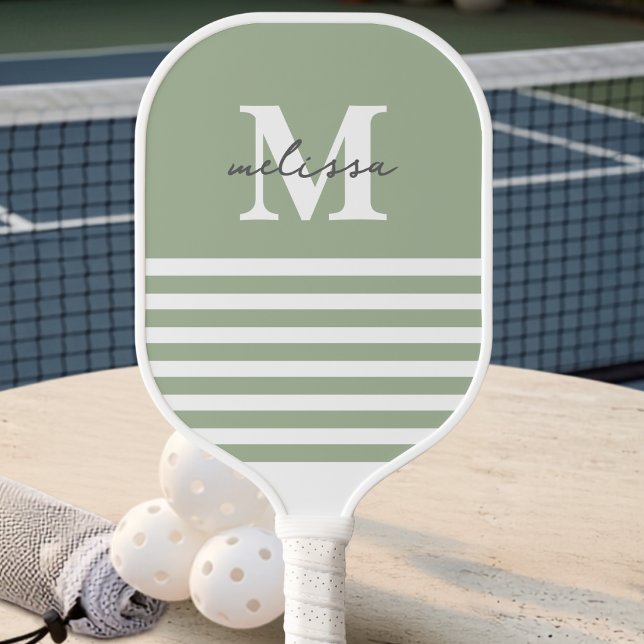 Raquette De Pickleball Monogramme Moderne Prépa Pastel Vert Nom (Créateur téléchargé)