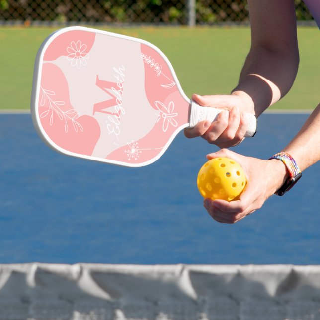 Raquette De Pickleball Monogramme moderne rose pâle | Doodles fleurs sauv (Insitu)