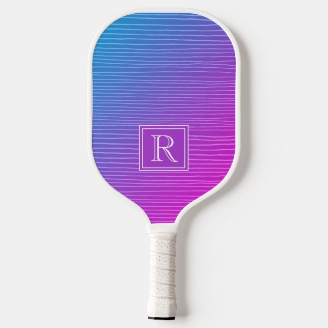 Raquette De Pickleball Monogramme moderne vibrant rose bleu dégradé (Verso)