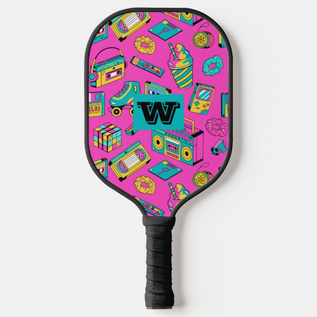 Raquette De Pickleball Monogramme Motif couleur rose néon des années 80 (Recto)