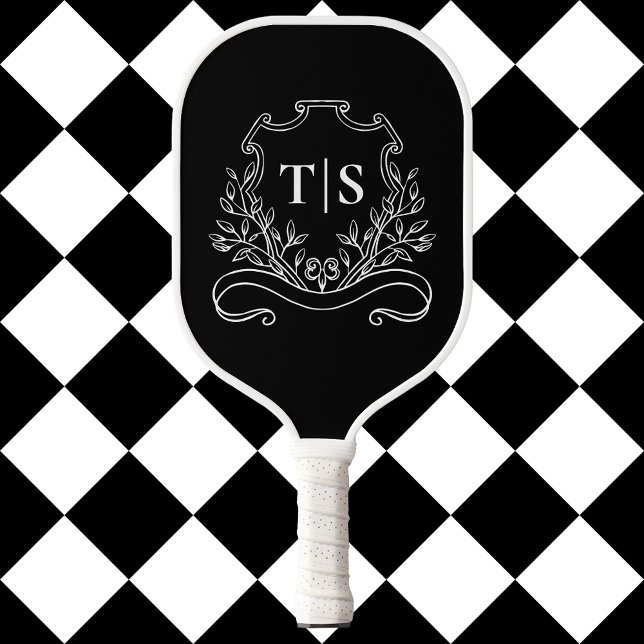 Raquette De Pickleball Monogramme Noir & Blanc Crest Classique (Black & White Monogram Classic Crest Pickleball Paddle)