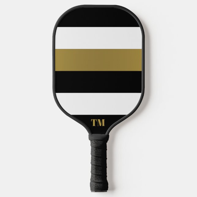 Raquette De Pickleball Monogramme noir blanc or rayures (Recto)