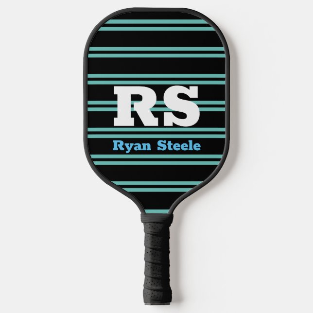 Raquette De Pickleball Monogramme & nom en gras, Lt Turquoise Lignes sur  (Recto)