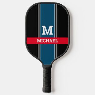 Raquette De Pickleball Monogramme/Nom Gras, Bleu Océan, Rouge, Bandes Noi