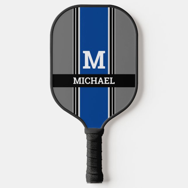 Raquette De Pickleball Monogramme & Nom Gris et Blanc Bleu Profond. Rayur (Recto)