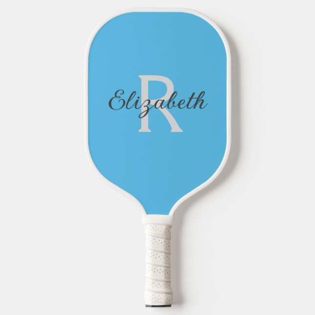 Raquette De Pickleball Monogramme Nom Initial Bleu Clair Gris Blanc  (Recto)