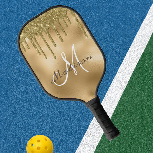 Raquette De Pickleball Monogramme Nom Parties scintillant or jaune look