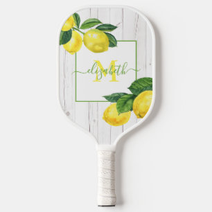 Raquette De Pickleball Monogramme pays citrons aquarelle sur bois rustiqu
