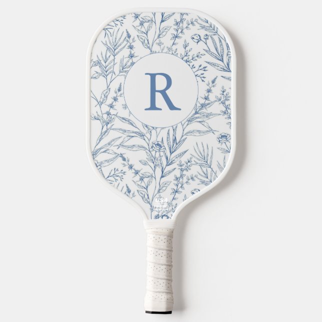 Raquette De Pickleball Monogramme personnalisé bleu Floral Toile français (Verso)