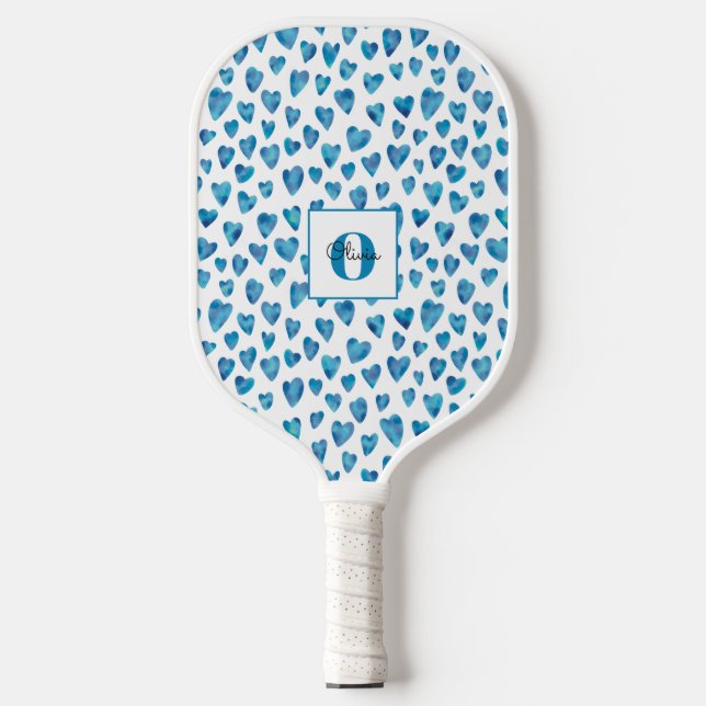 Raquette De Pickleball Monogramme Personnalisé Coeur Bleu (Recto)