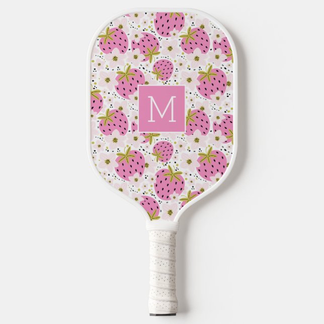 Raquette De Pickleball Monogramme personnalisé de fraises roses (Recto)