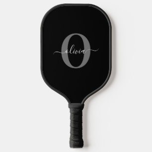 Raquette De Pickleball Monogramme personnalisé Nom de script noir blanc g