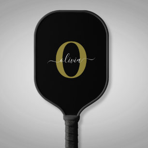Raquette De Pickleball Monogramme personnalisé Nom du script Black White