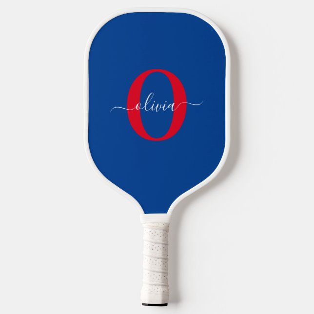 Raquette De Pickleball Monogramme personnalisé Nom du script Bleu Blanc R (Verso)