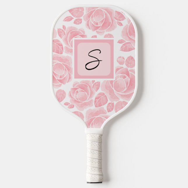Raquette De Pickleball Monogramme personnalisé Rose floral rose (Recto)